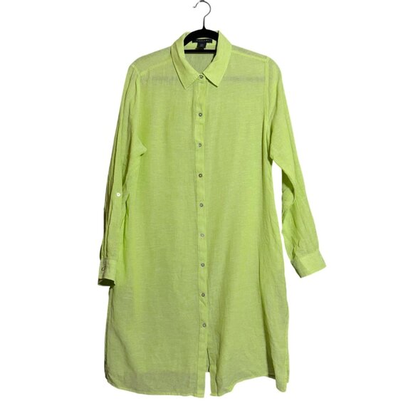 Tahari Roll Tab Sleeve Button Front Shirt Dress Women's Size Medium Lime Green - Picture 1 of 10